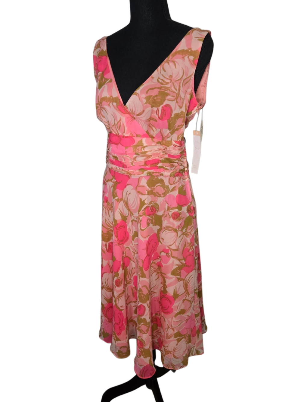 Vintage Silk Pink & Green Floral Sleeveless Midi Dress!